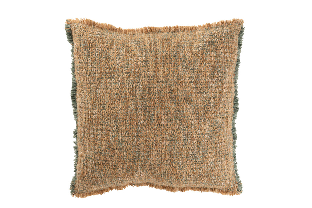 Kussen rafelig polyester/katoen lichtbruin/groen - J-LINE