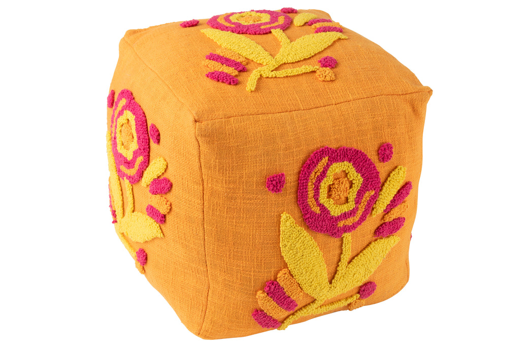 Poef vierkant bloem oranje/roze/geel - J-LINE