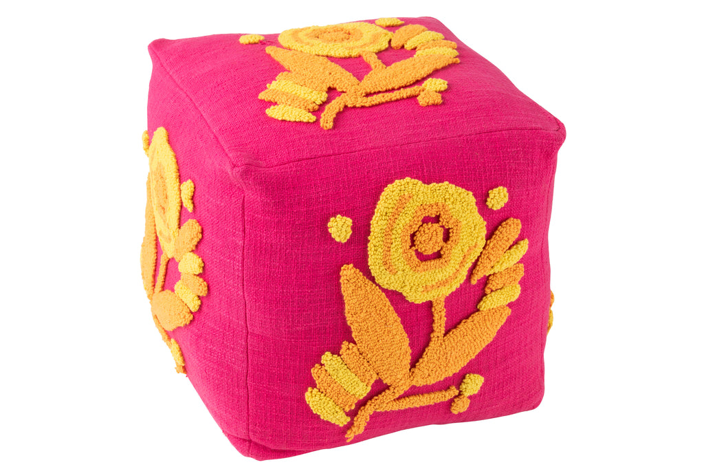 Poef Vierkant Bloem roze/oranje/geel - J-LINE