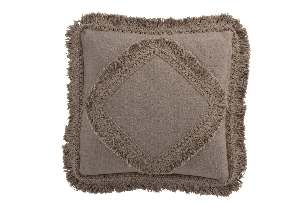 Kussen met franje vierkant katoen taupe - J-LINE