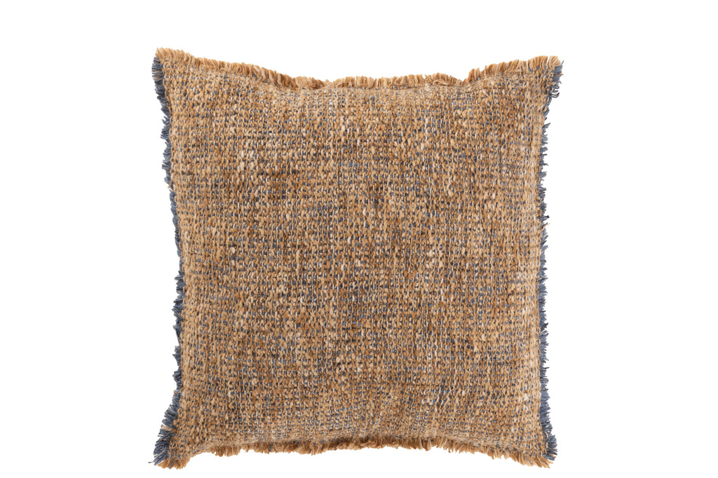 Kussen rafelige polyester/katoen lichtbruin/blauw - J-LINE