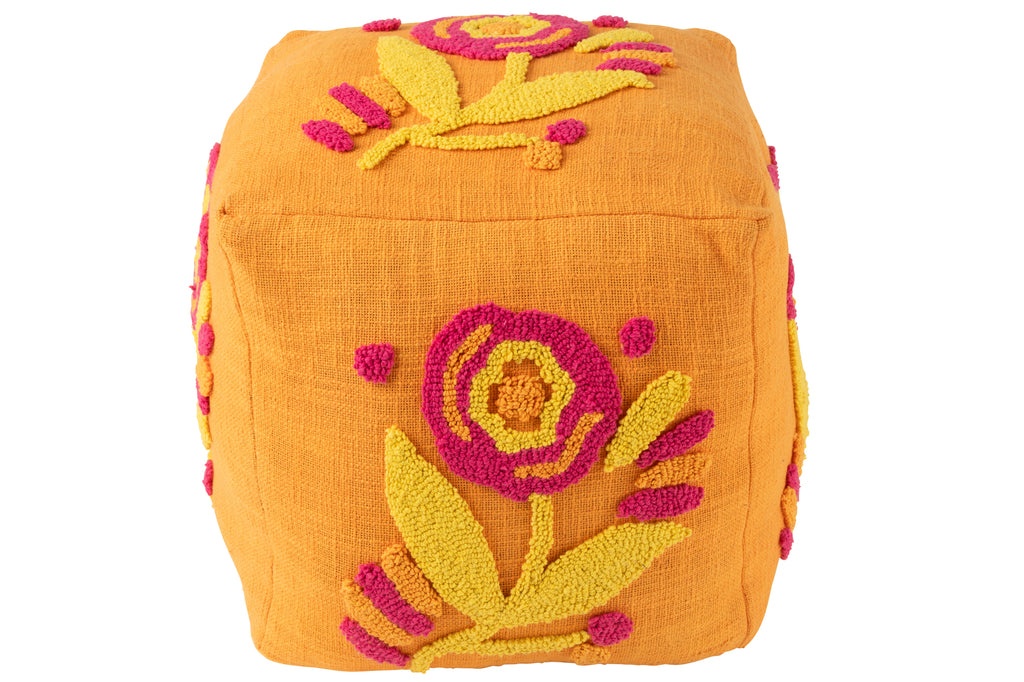 Poef vierkant bloem oranje/roze/geel - J-LINE