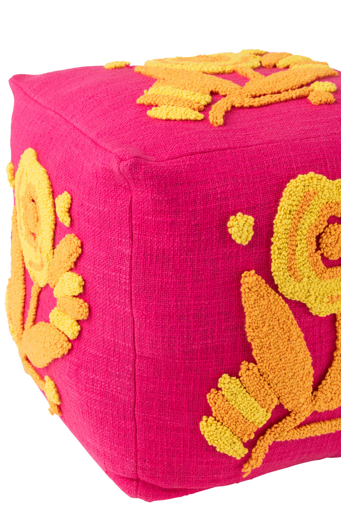 Poef Vierkant Bloem roze/oranje/geel - J-LINE
