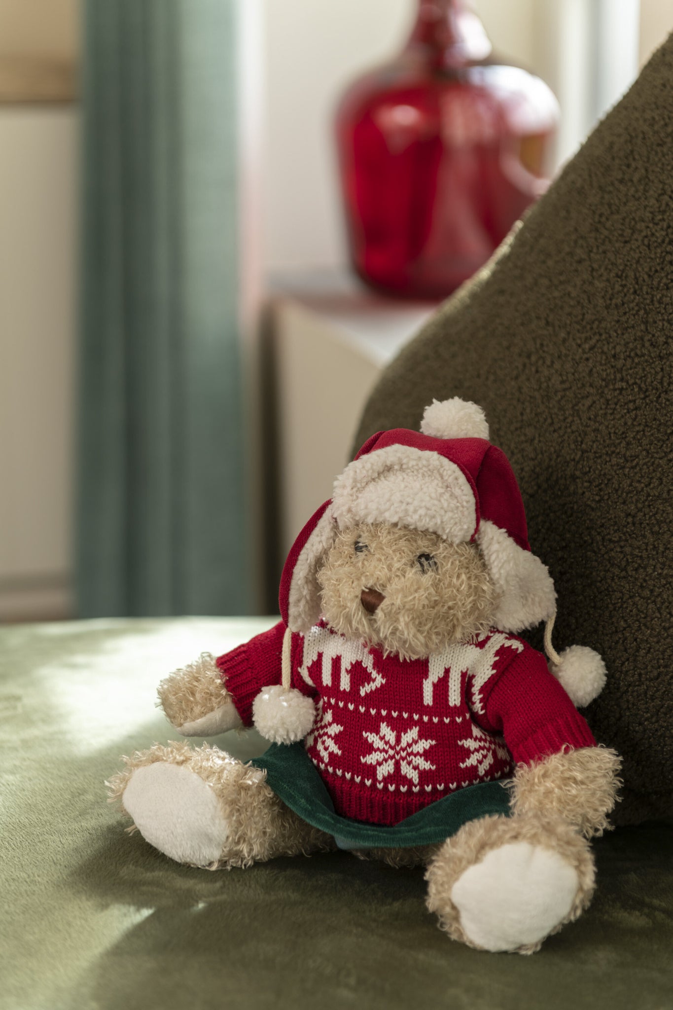 Beer Meisje met kersttrui + Hoed Textiel Beige/Rood L - J-LINE