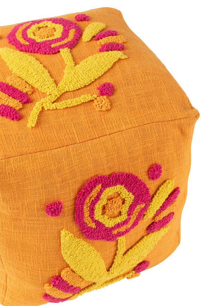 Poef vierkant bloem oranje/roze/geel - J-LINE