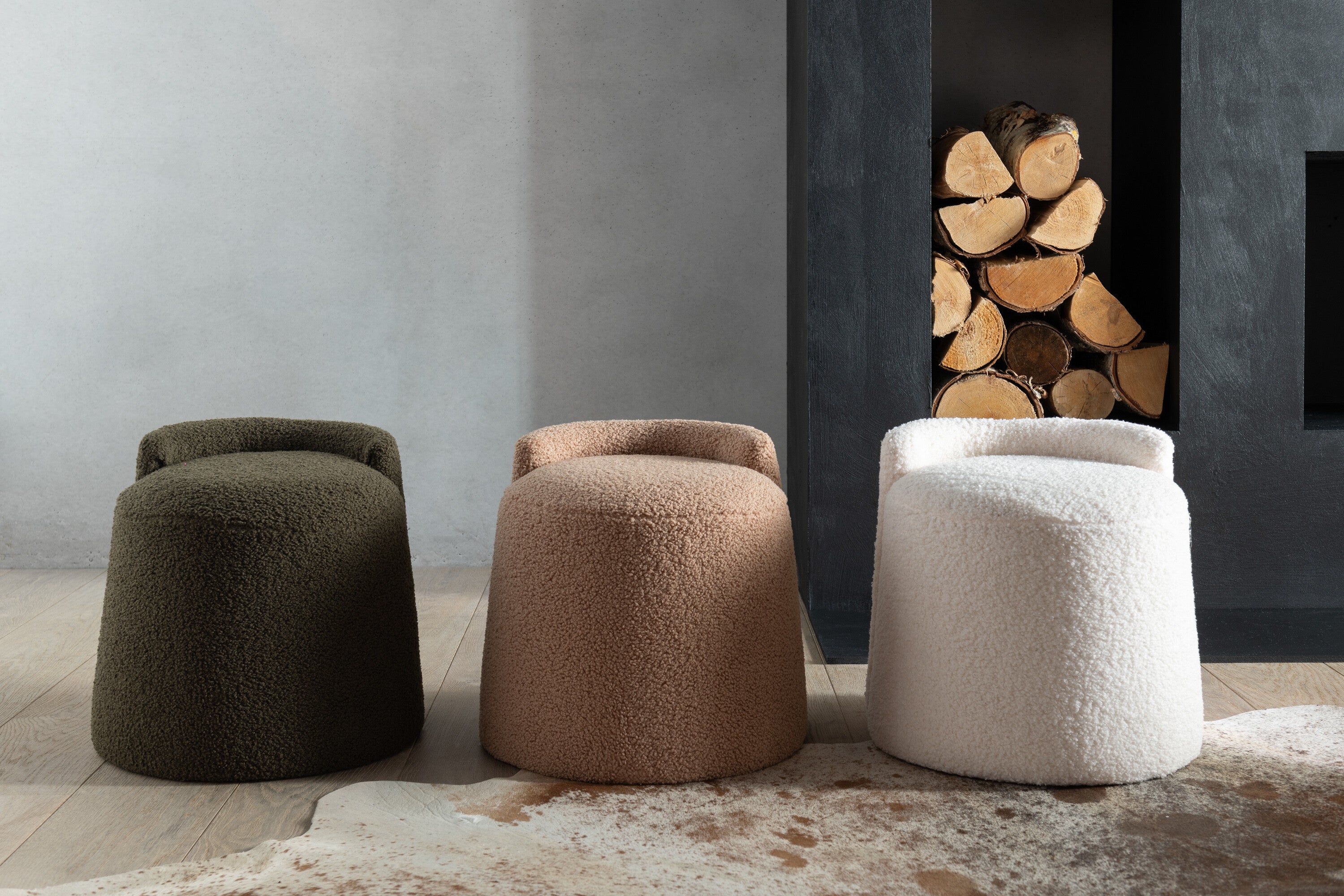 Poef Teddy + rug Bouclé Wit - J-LINE