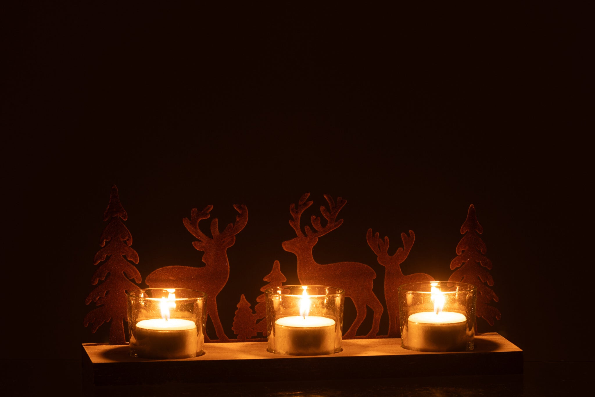 Theelichthouder 3 stuks Rendieren/Bomen Metaal/Hout Bruin- J-LINE