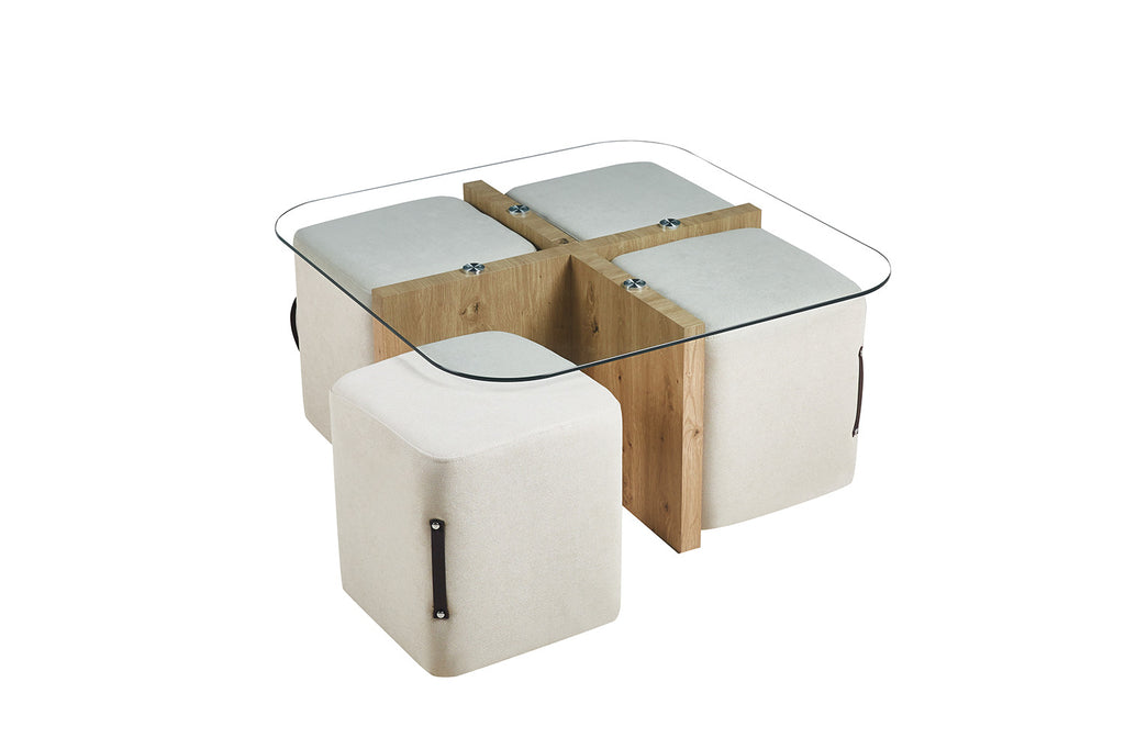 Salontafel 'Shana' met 4 poefs stof Decor Oude eik - RS