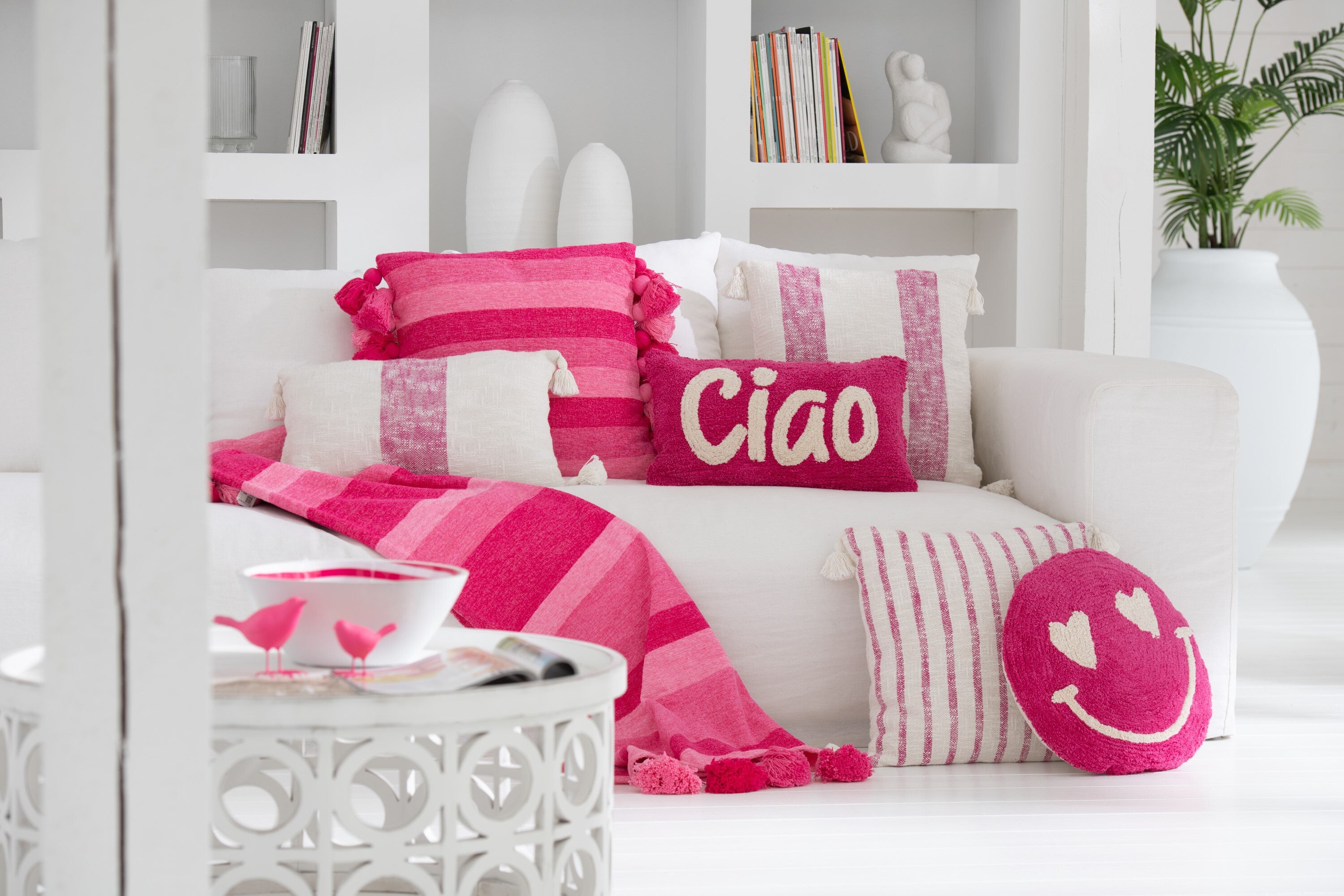Plaid rayé avec franges coton rose - J-LINE