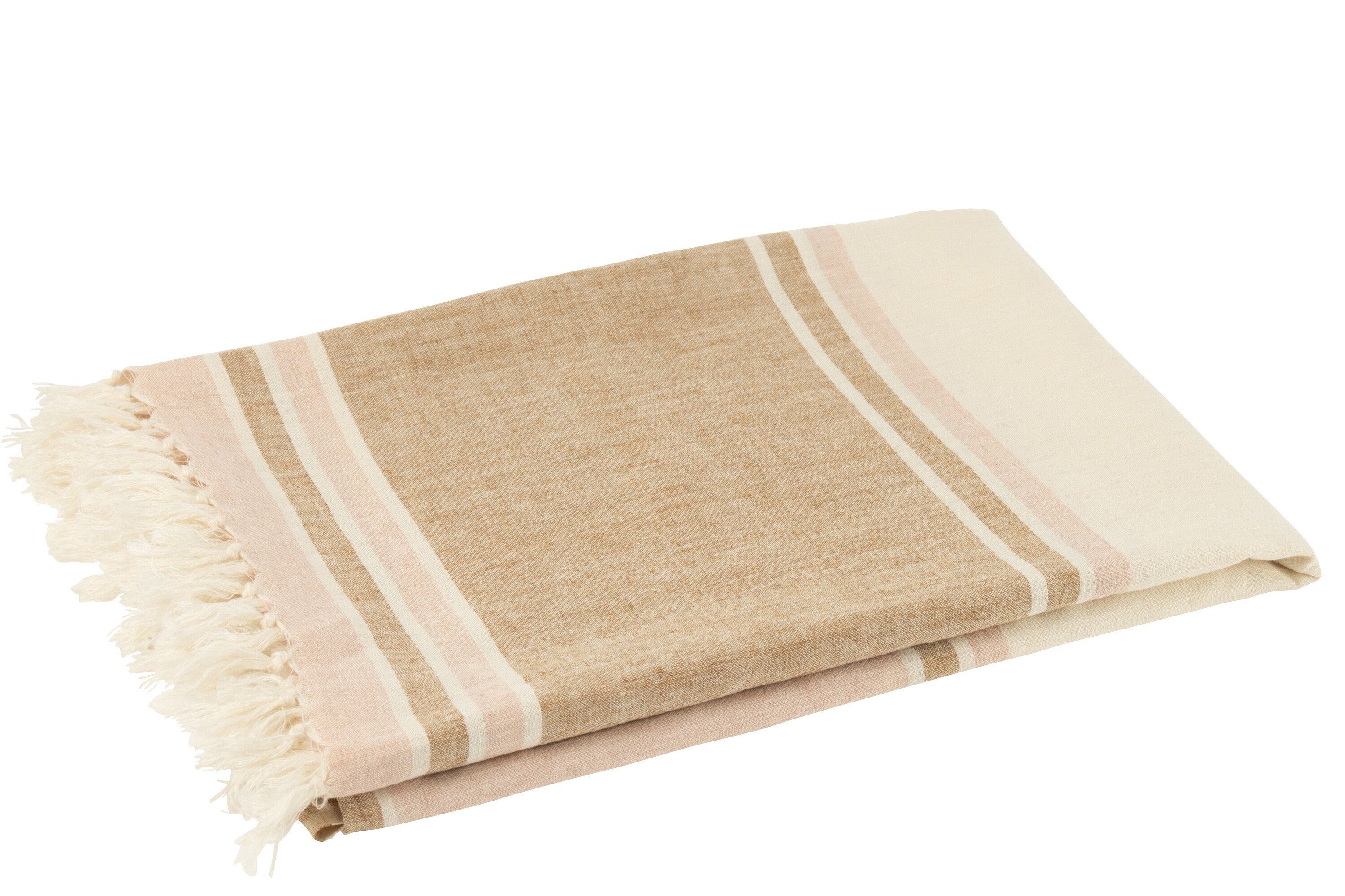 Plaid à rayures et franges rose clair/blanc/beige - J-LINE