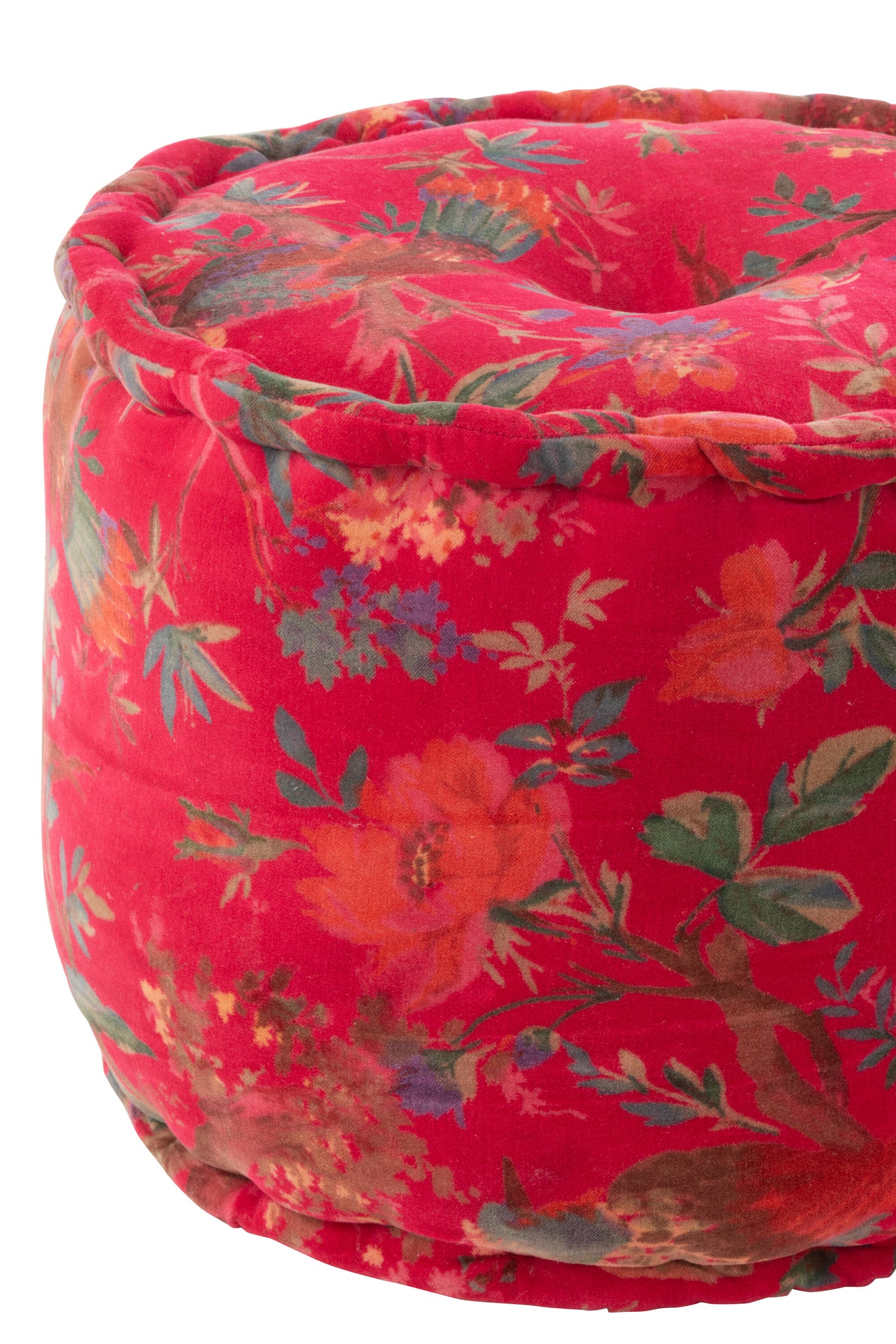 Pouf Oiseaux/Fleurs Coton velours Rose - J-LINE