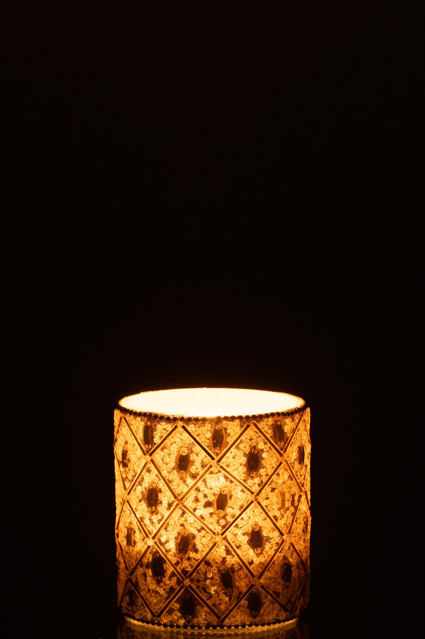 Theelicht Glas/Kralen Wit/Goudkleurig L - J-LINE