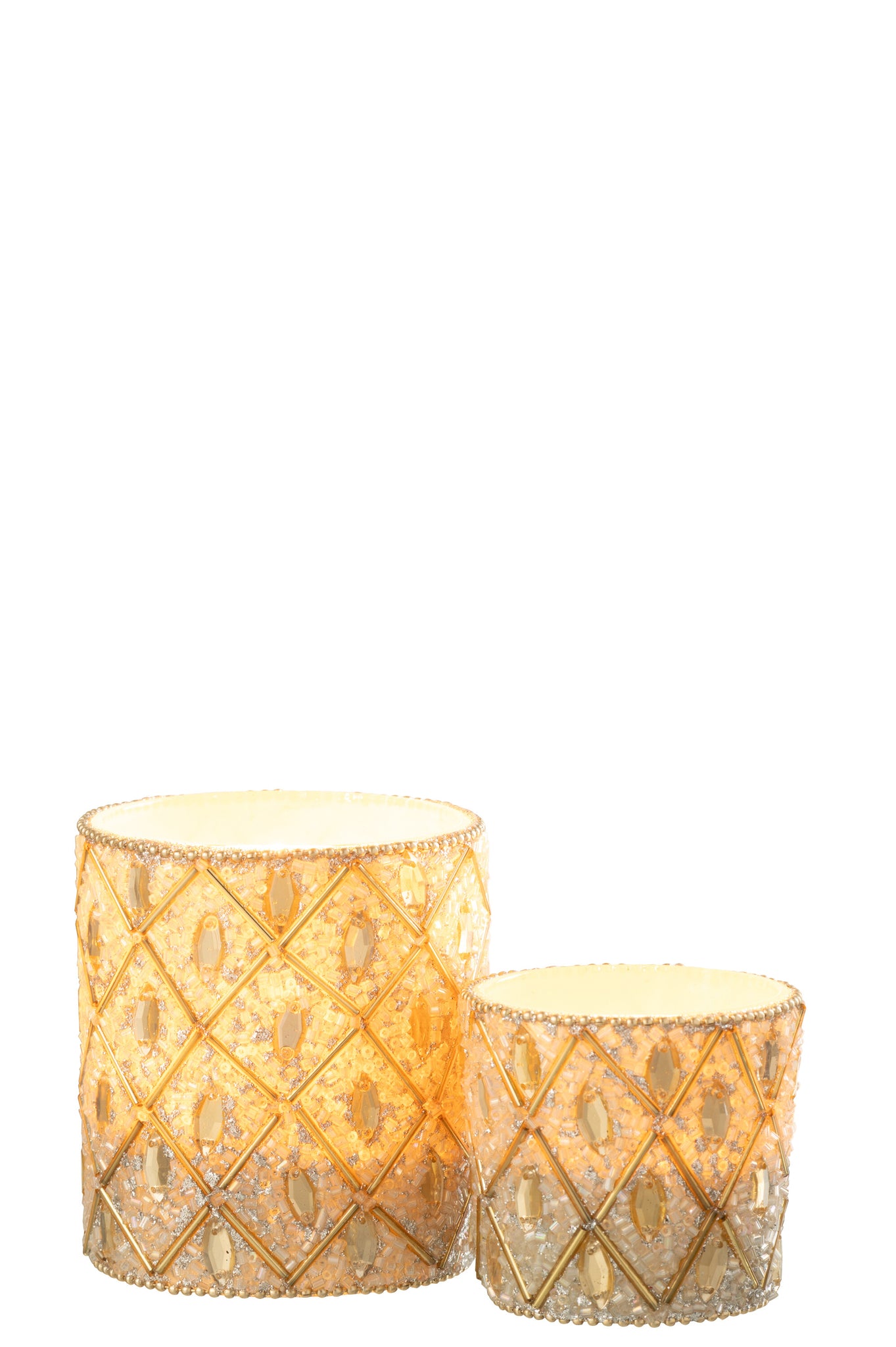 Theelicht Glas/Kralen Wit/Goudkleurig L - J-LINE