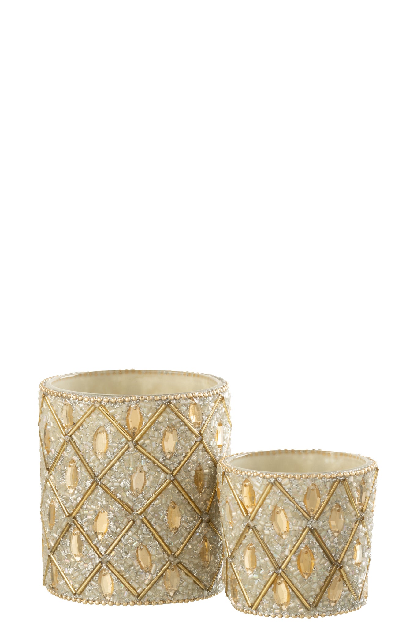 Theelicht Glas/Kralen Wit/Goudkleurig L - J-LINE