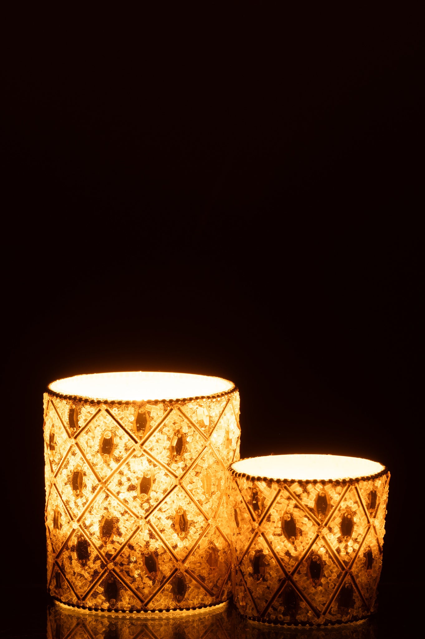 Theelicht Glas/Kralen Wit/Goudkleurig L - J-LINE