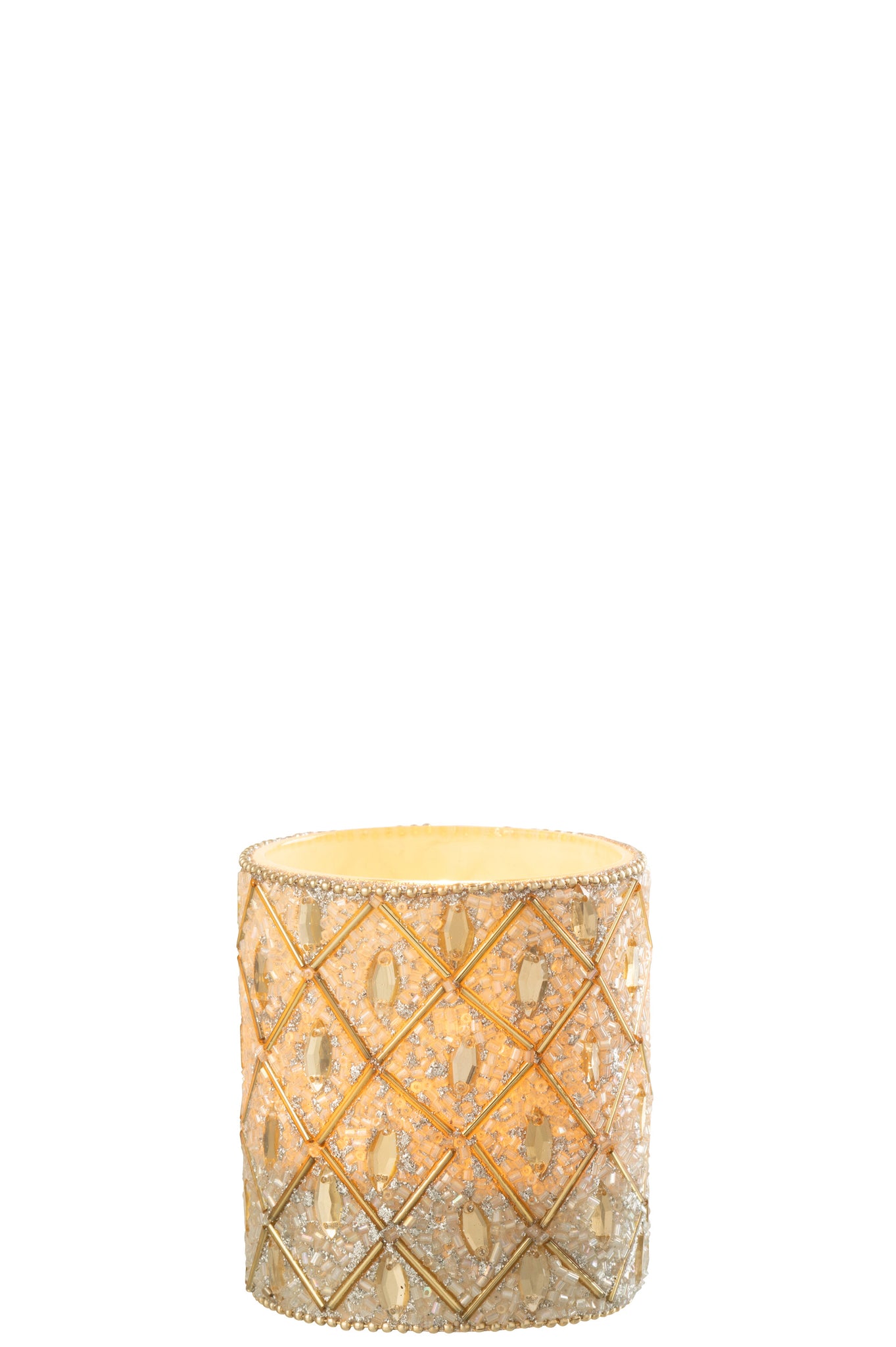 Theelicht Glas/Kralen Wit/Goudkleurig L - J-LINE