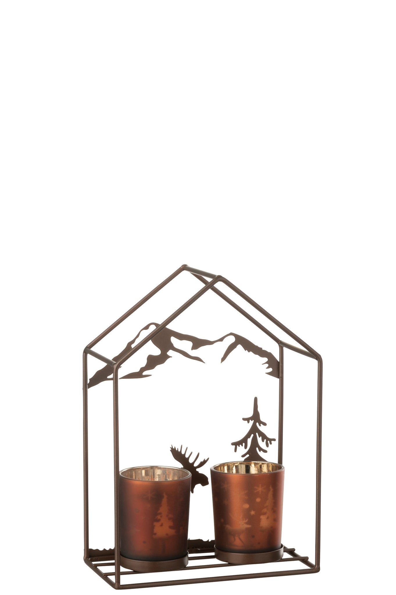 Photophore Maison 2 Verres Fer Rouille Marron/Brun - J-LINE