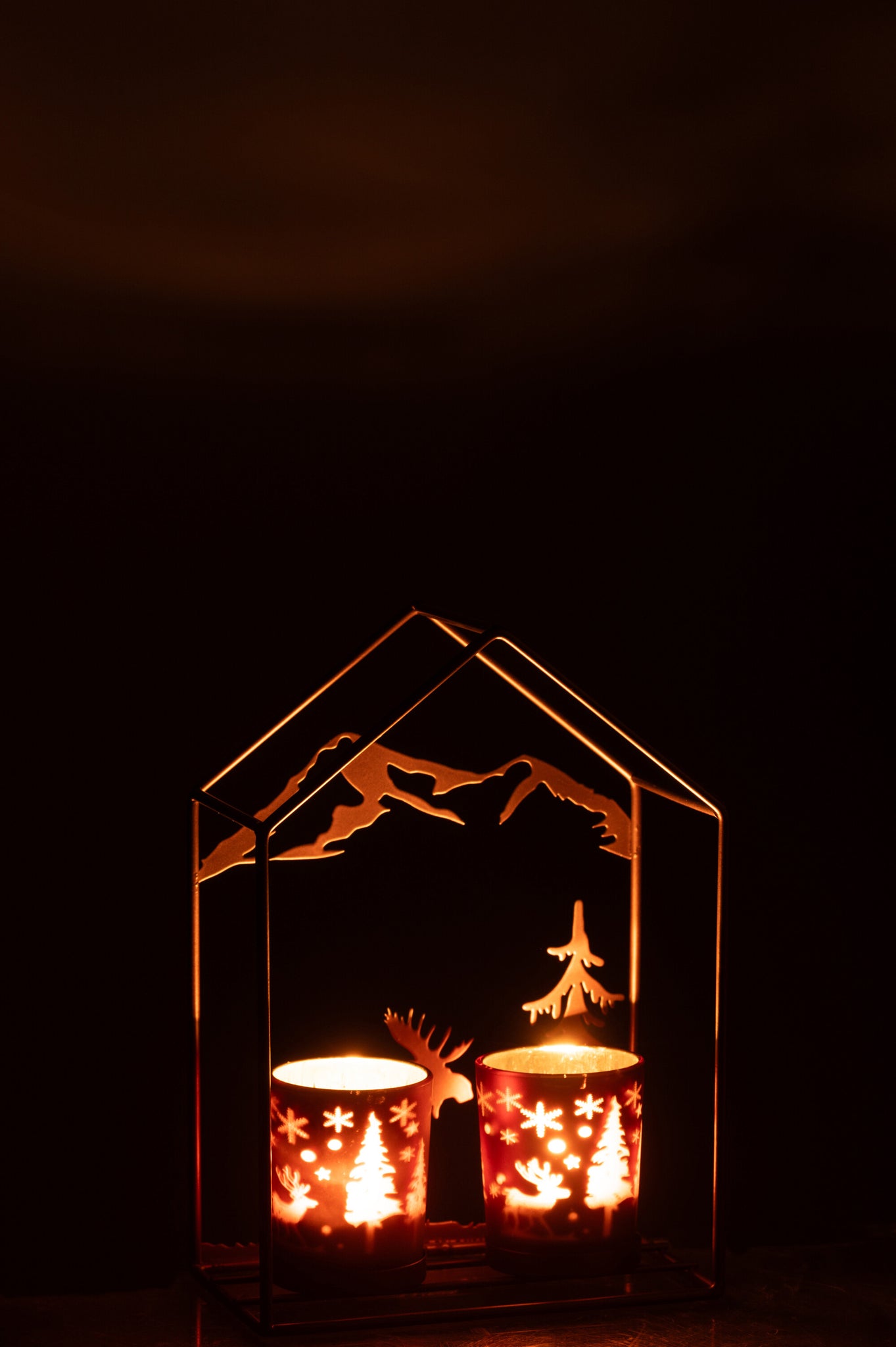 Photophore Maison 2 Verres Fer Rouille Marron/Brun - J-LINE