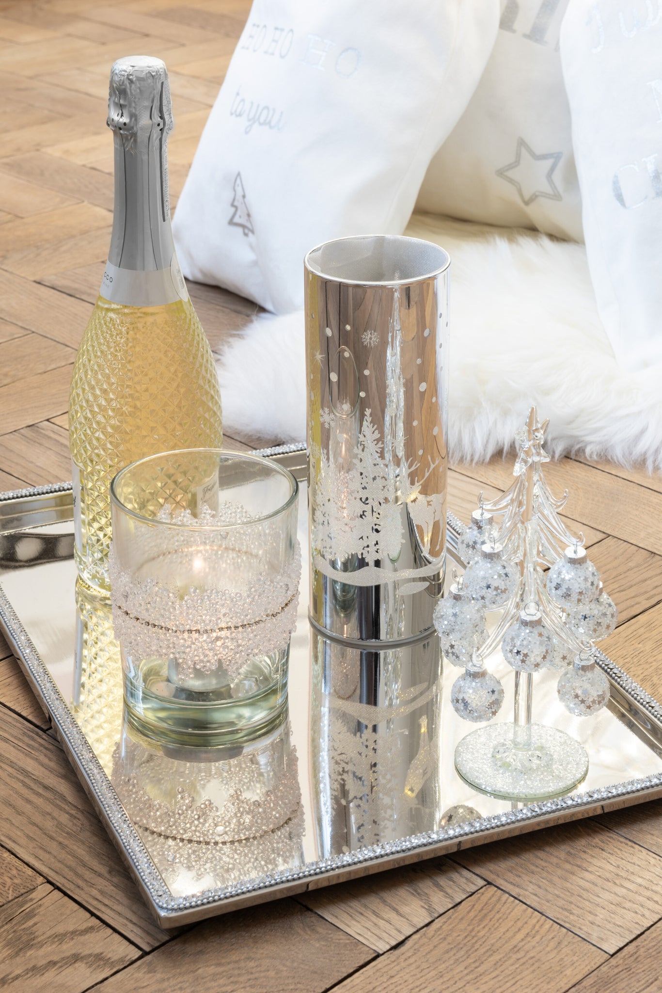 Boom Witte Kerstballen Sterren Glas Zilver Klein- J-LINE