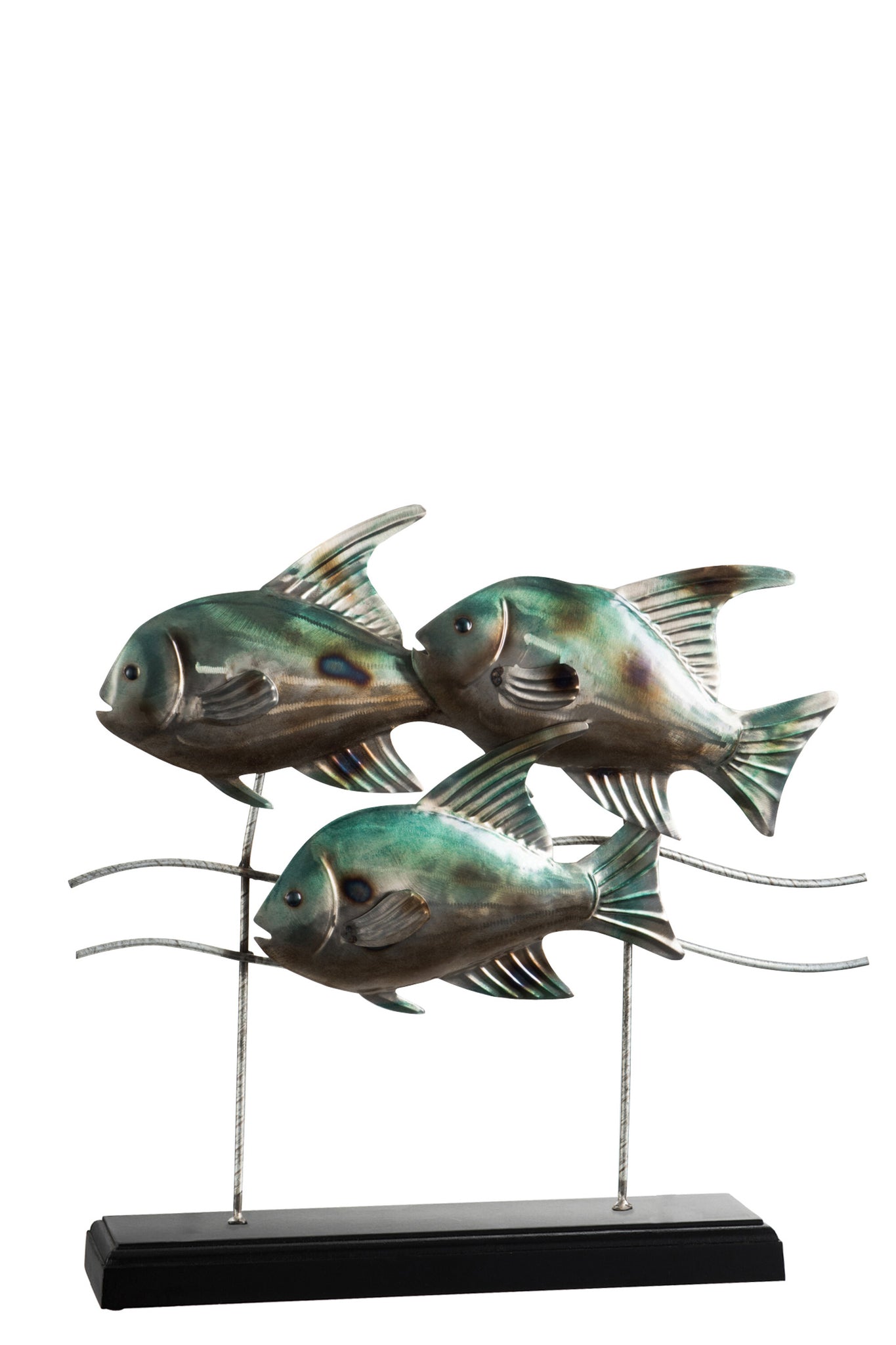 Vissen op sokkel, 3 vissen, metaal/hout, blauw/grijs - J-LINE