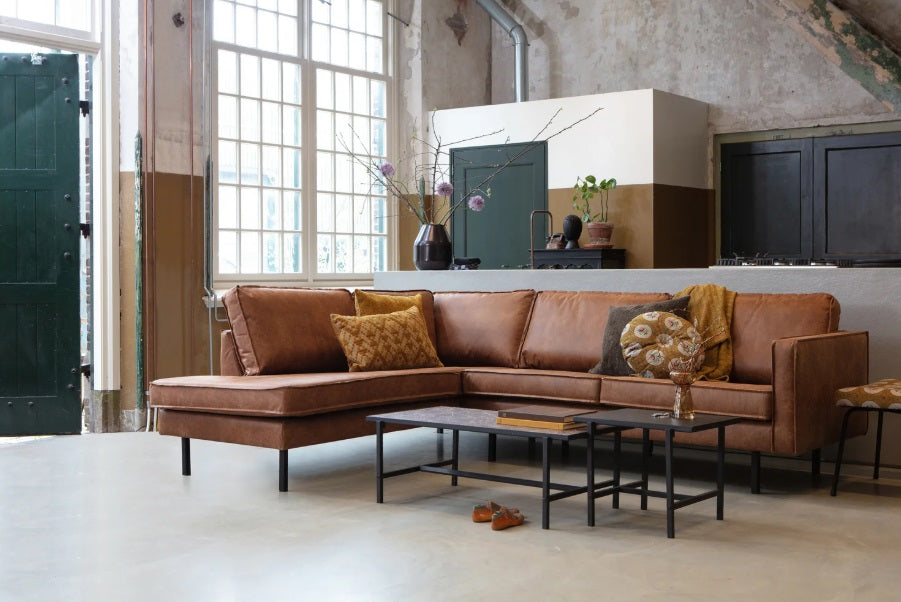 Salonset Rodeo - ottomane links - ecoleer cognac, zwart of mosgroen - EEKH