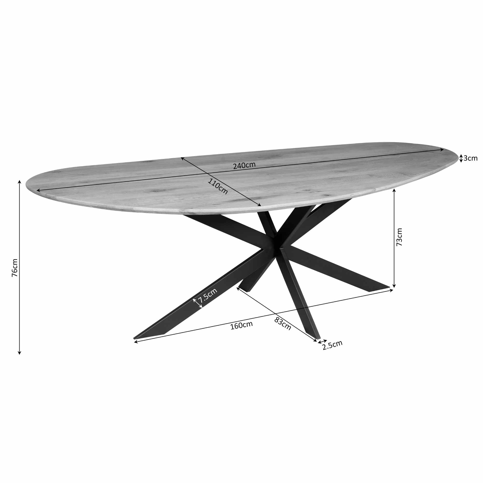 Eettafel Cloud | 240 cm | Eik | Zwart - STF