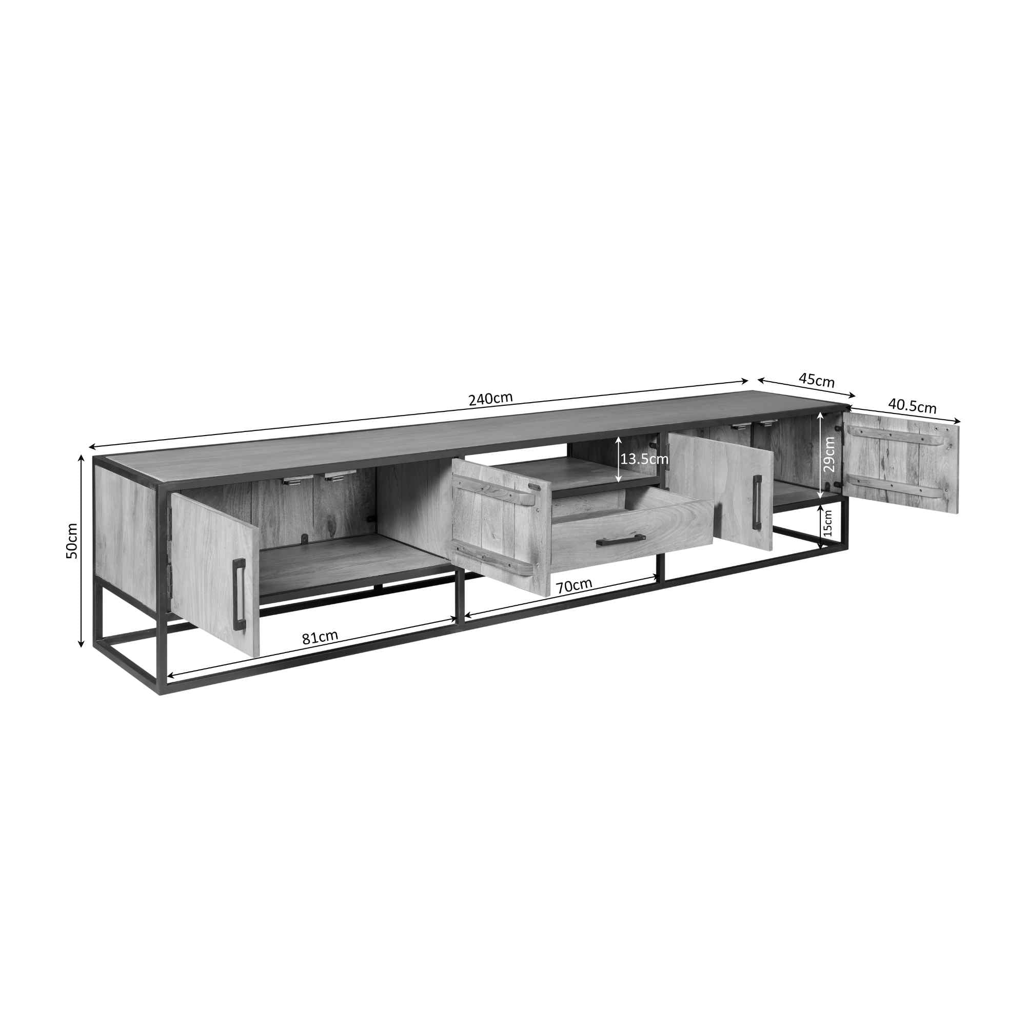 Tv-meubel Denver | Mangohout en staal | 240 cm - STF