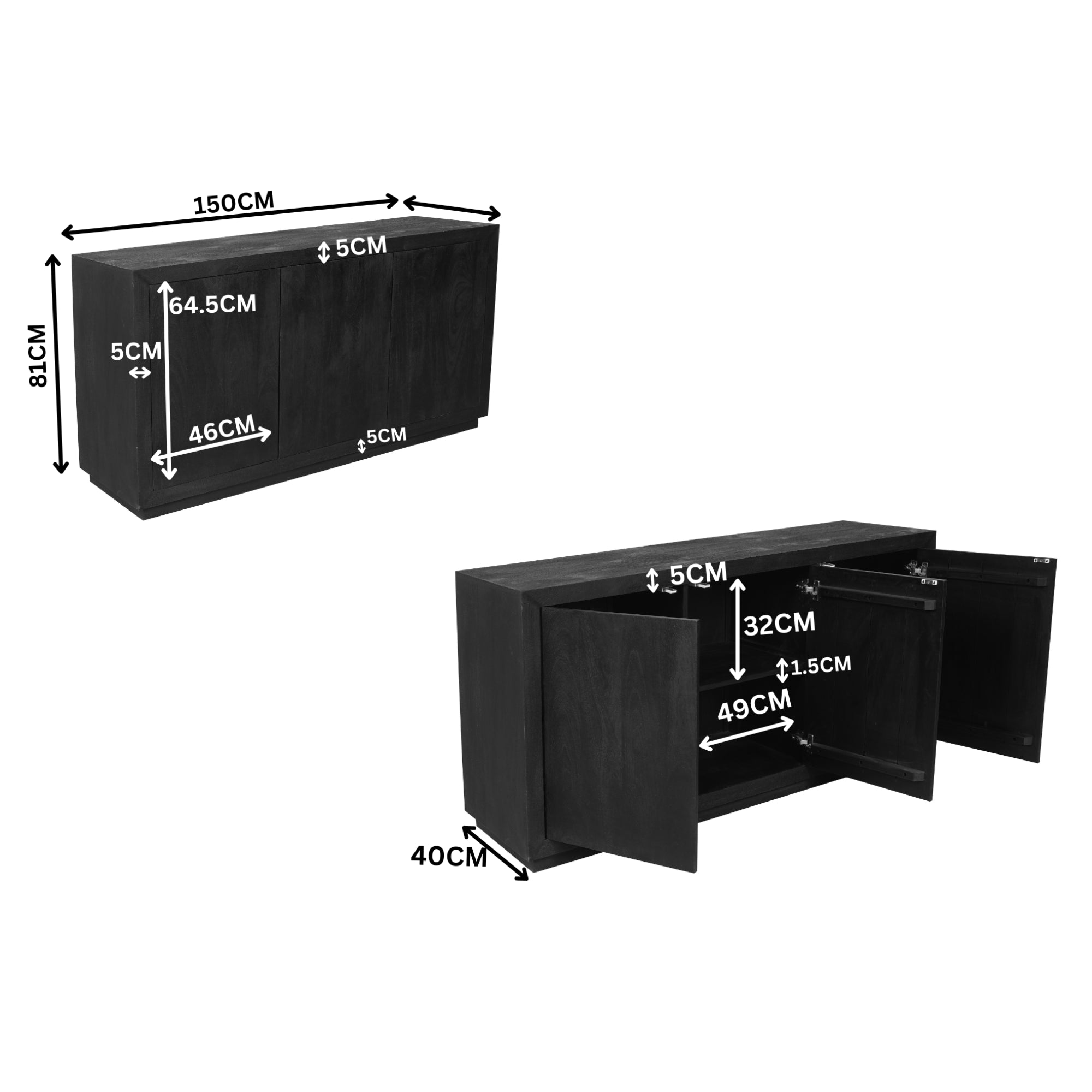 Dressoir Brussel Zwart 3 deuren | 150 cm - STF