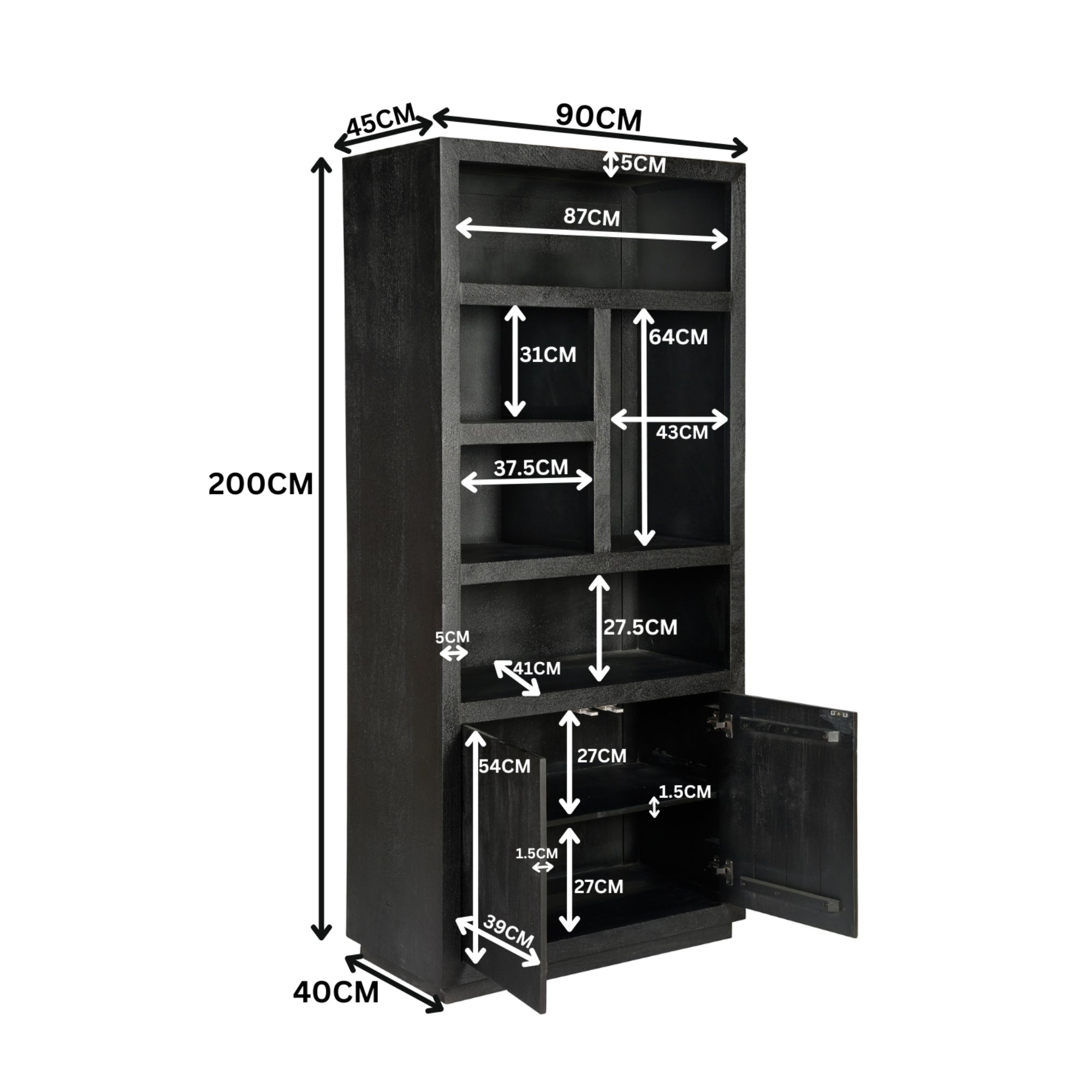 Bergkast Brussel Zwart | 5 vakken - 2 deuren