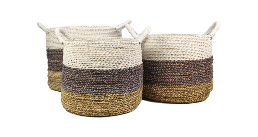 Mandenset Malibu - natuurlijk/paars/wit - raffia/zeegras - set van 3