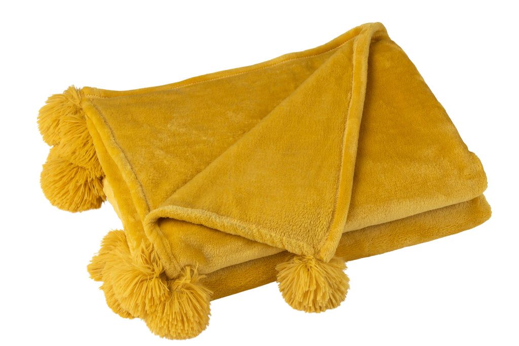 Plaid Pompon Polyester Ocre - J-LINE