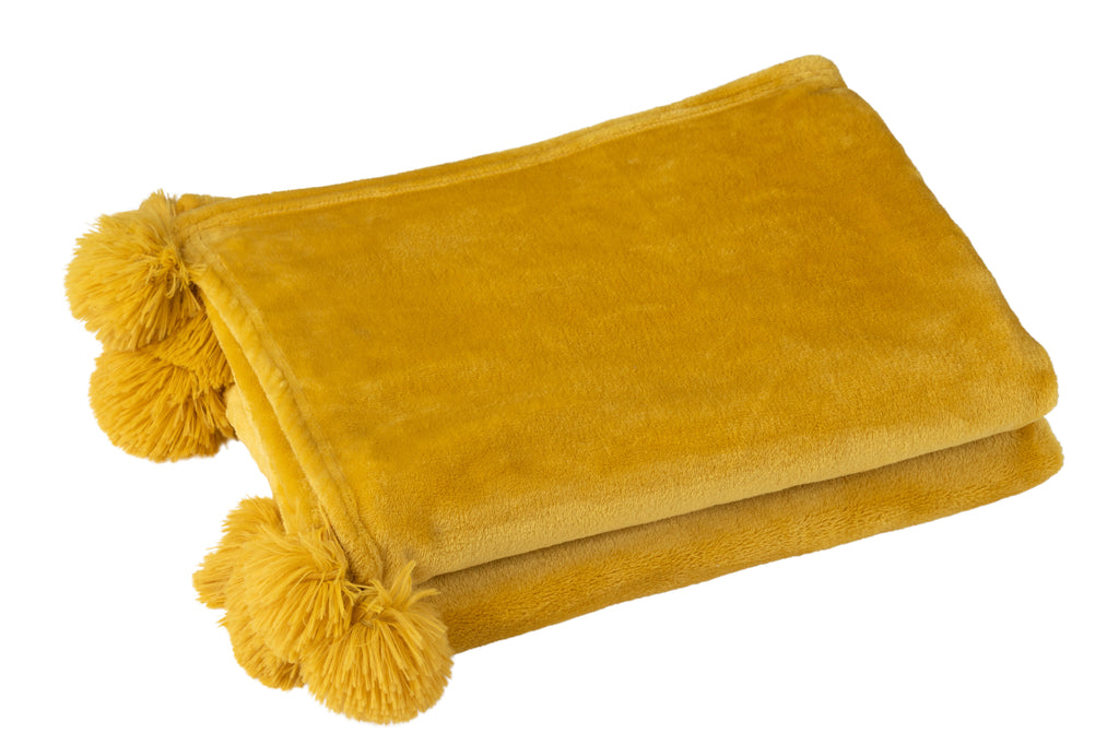 Plaid Pompon Polyester Ocre - J-LINE