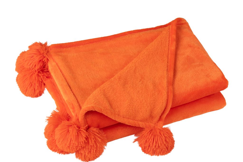 Plaid Pompon Polyester Orange Vif -J-LINE
