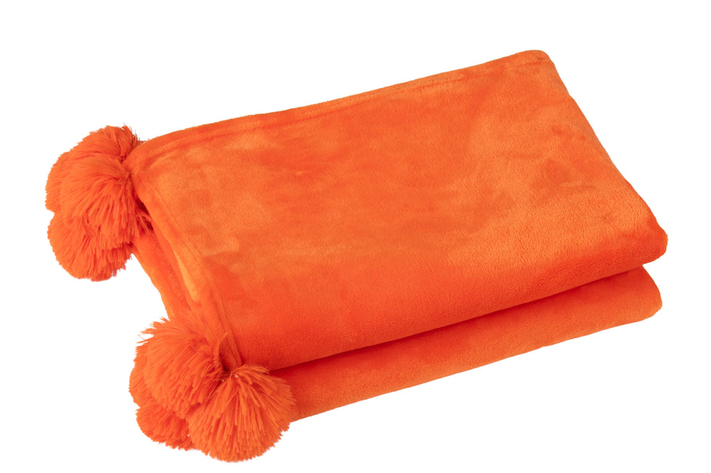 Plaid Pompon Polyester Orange Vif -J-LINE