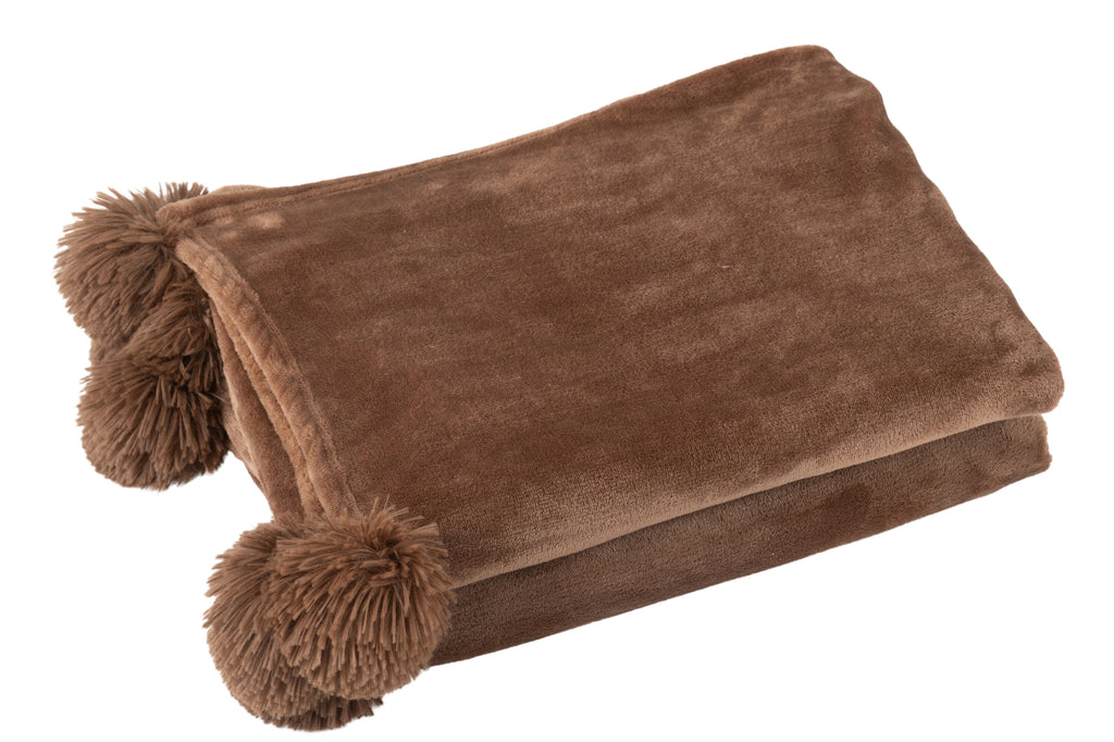 Plaid Pompon Polyester Marron - J-LINE