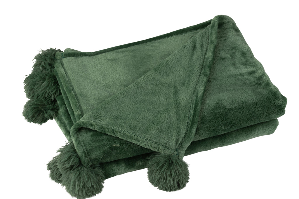 plaid Pompom Polyester Donkergroen - J-LINE