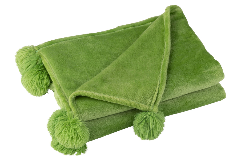 Plaid Pompon Polyester Vert Gazon - J-LINE