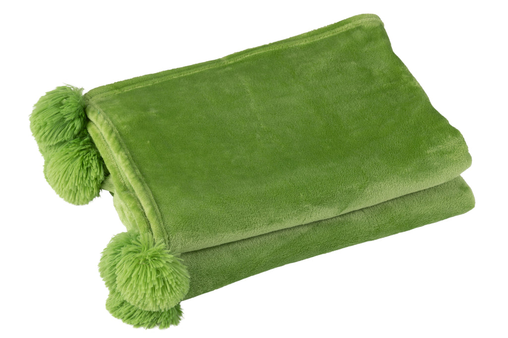 Plaid Pompon Polyester Vert Gazon - J-LINE