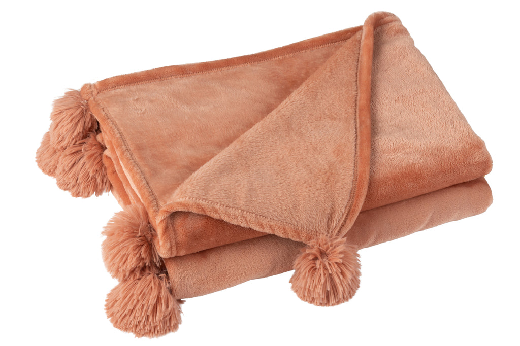 Plaid Pompon Polyester Pêche - J-LINE