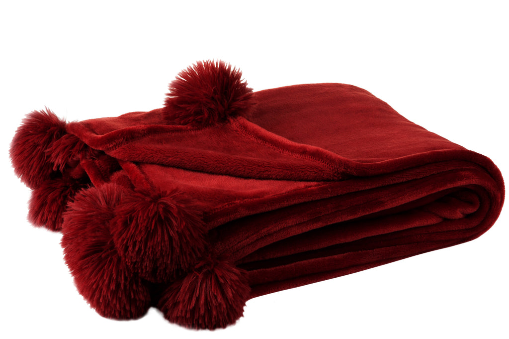Plaid Pompom Polyester Rouge - J-LINE