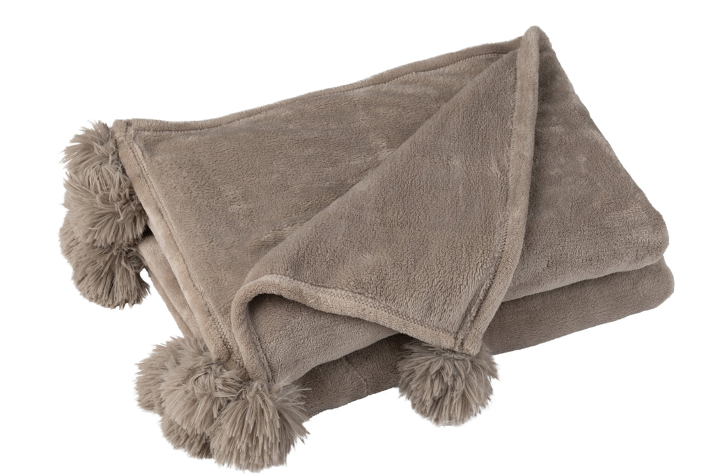 Plaid Pompon Polyester Taupe - J-LINE