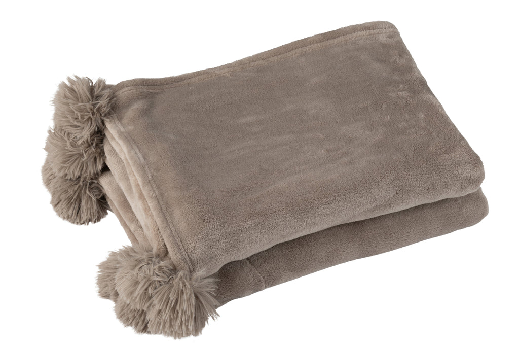 Plaid Pompon Polyester Taupe - J-LINE