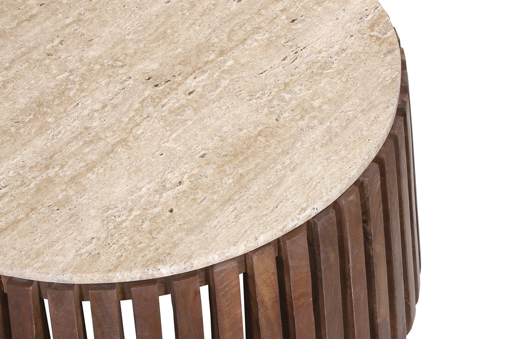 Salontafel 'Luuk' 70 cm Rond Mango hout met Travertin Beige - RS