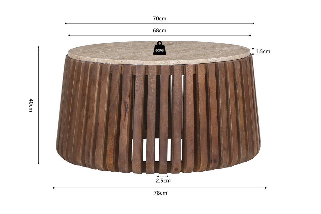 Salontafel 'Luuk' 70 cm Rond Mango hout met Travertin Beige - RS