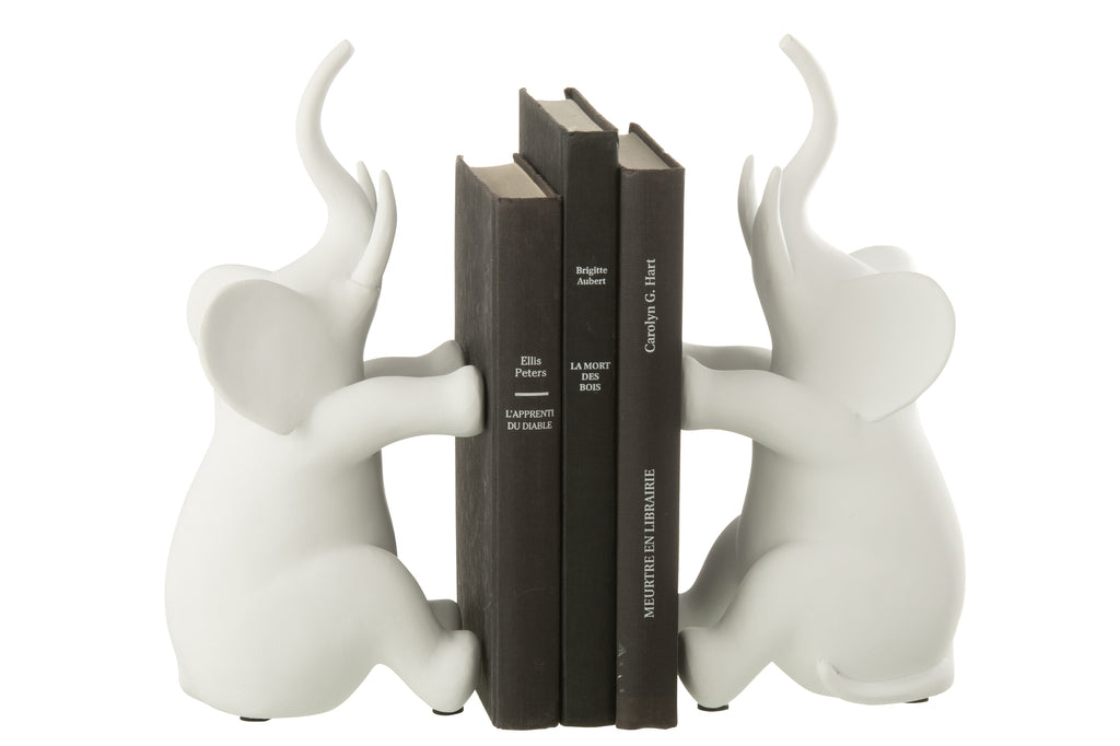 Boekensteunen olifant zittend polyhars wit - J-LINE