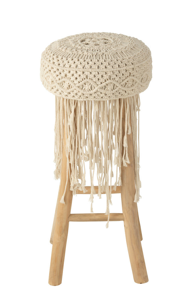Barstoel Kwasten Hout/Macramé Wit - J-LINE