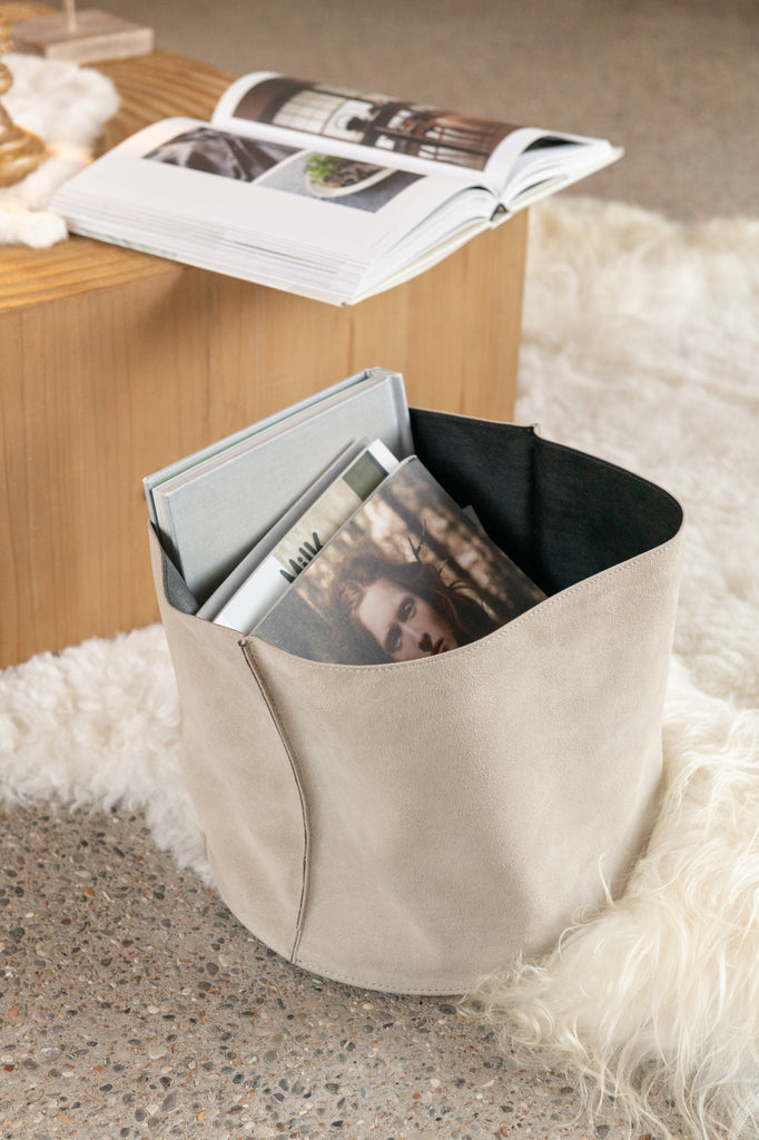 Ronde beige lederen opbergmand - J-LINE