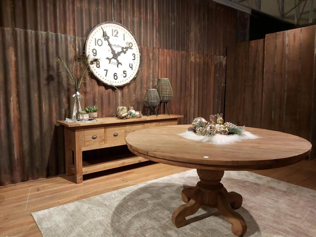eettafel rond dengkleh massief recyclage teakhout