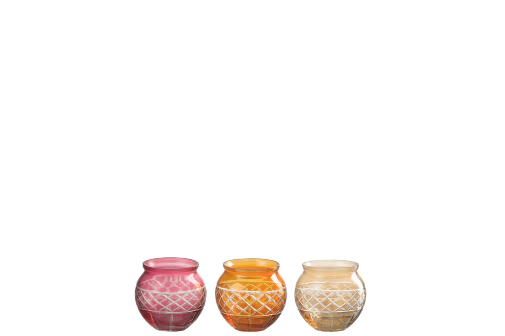Theelichthouder Rand Bladeren Rond Glas Mix S/3 - J-LINE