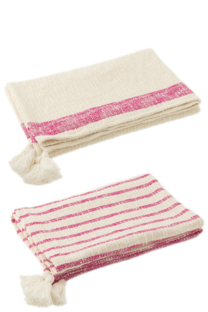 Geruite plaid strepen+kwastjes katoen wit/roze - J-LINE